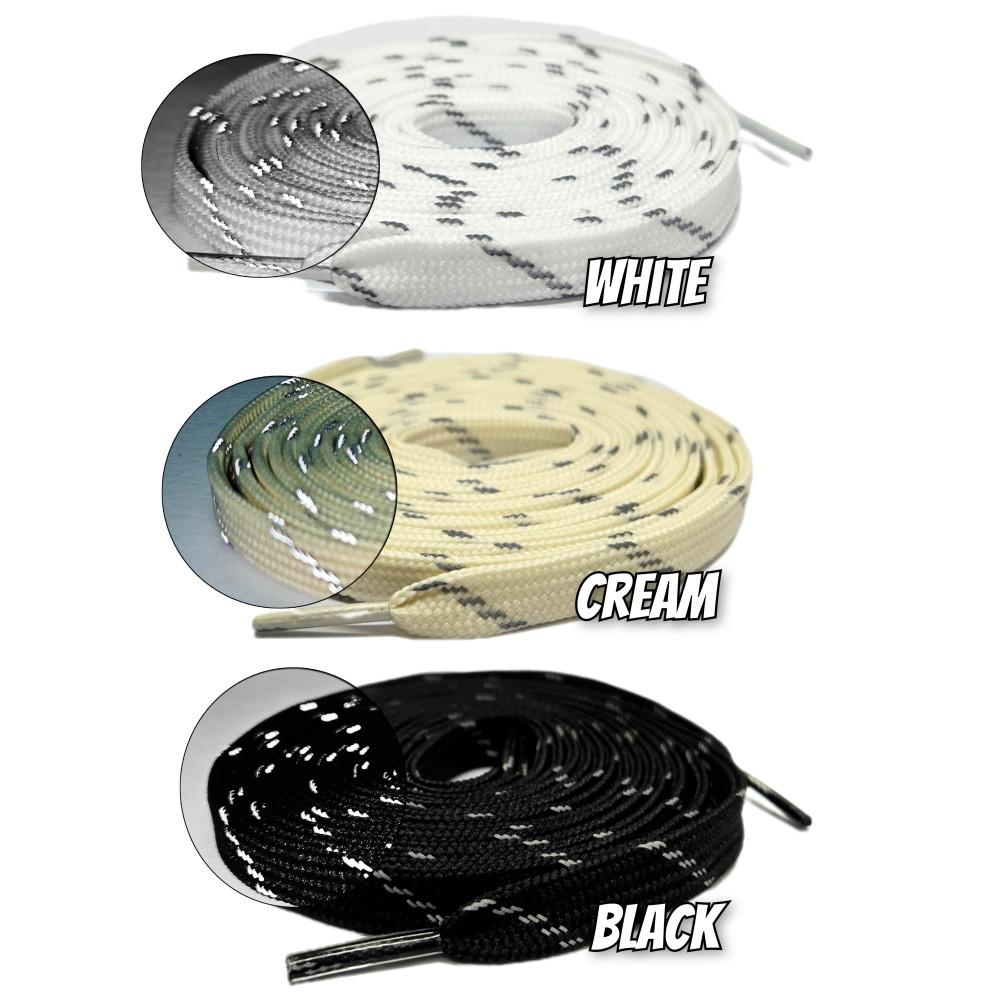 Reflective Flat Shoelaces -3 Colours - For Running Trainer Shoes - Black - Cream - White - Dad shoes -